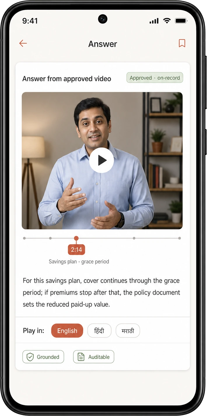 The answer as the exact moment of an approved video — the chapter marked on the timeline, the grounded answer in one line, a language selector, and grounded and auditable tags.