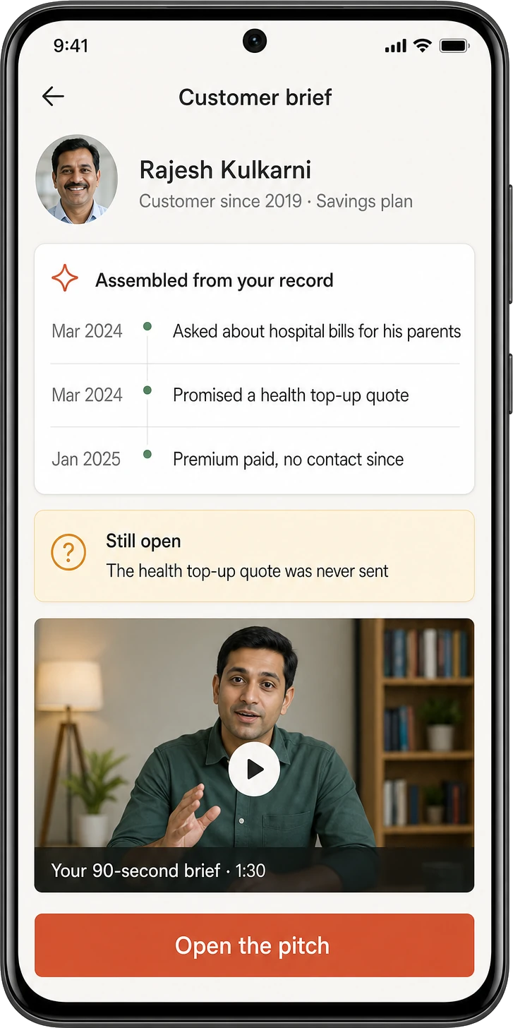 Amplify's self-assembled customer brief: what they hold, what was asked and promised last time, and open questions — a short video brief.