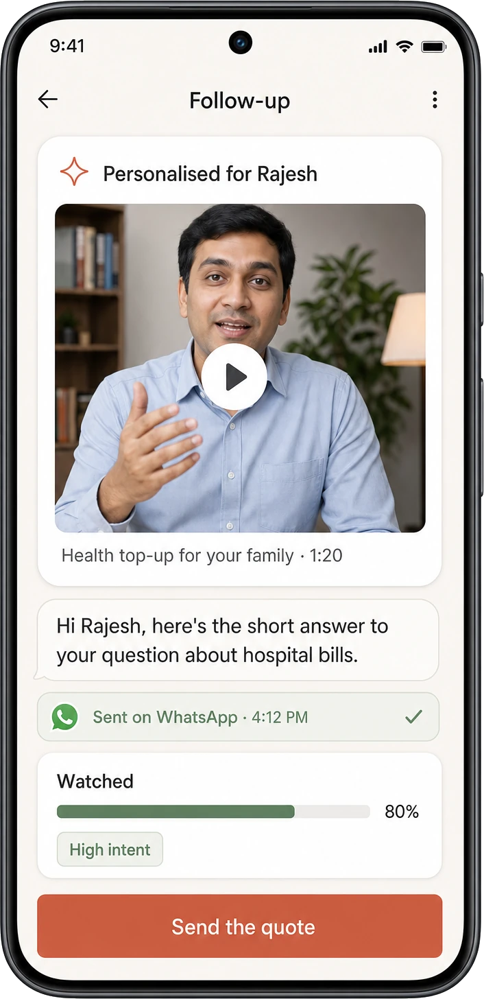 The personalised follow-up video, sent on WhatsApp, with how much of it the customer watched coming back as an intent signal.