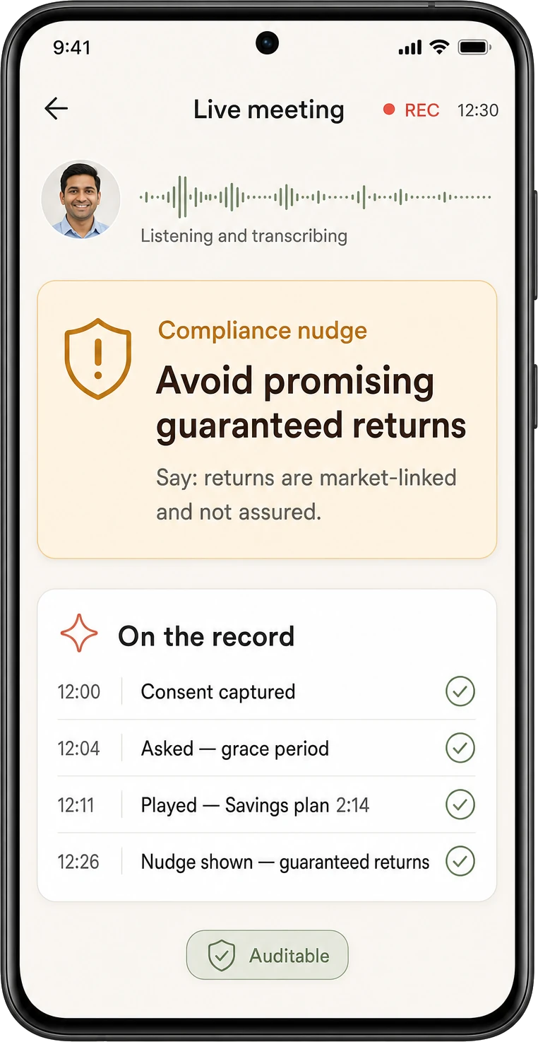 The live meeting record, opening with the customer's consent and going on to what was asked and which approved moment was played, each entry timestamped, with a compliance nudge against promising guaranteed returns.