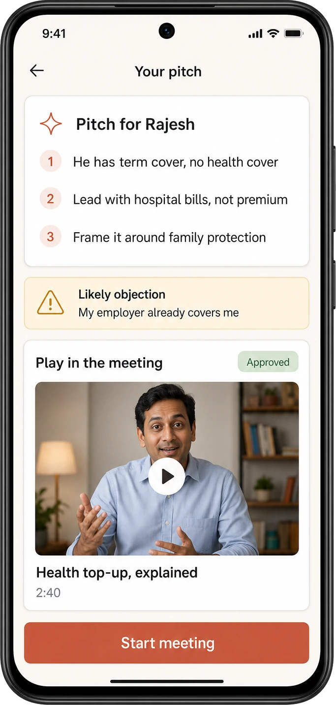 An advisor's pre-meeting screen listing three talking points prepared from approved insurer material, the objection most likely to come up, an approved video to play, and a button to start the meeting.