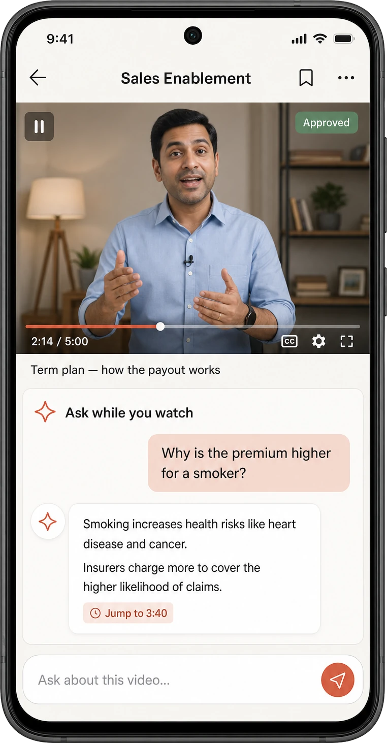 A product explainer still playing while the learning assistant answers a question about it from the approved video and offers to jump to the exact moment.
