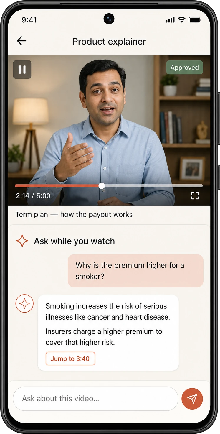 A product explainer still playing while the learning assistant answers a question about it from the approved video and offers to jump to the exact moment.