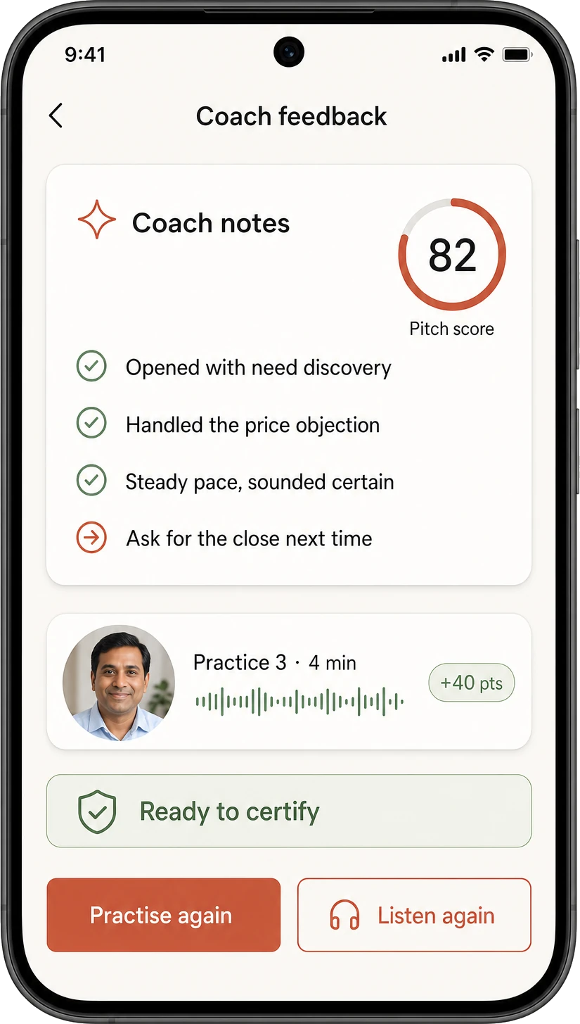 The coach's feedback on a recorded attempt: a pitch score, what worked in the argument and in the delivery, the one thing to change next time, and a prompt to sit the certification.
