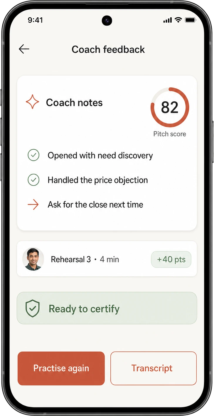 The coach's feedback on an attempt: a pitch score, what worked, the one thing to change next time, and a prompt to sit the certification.