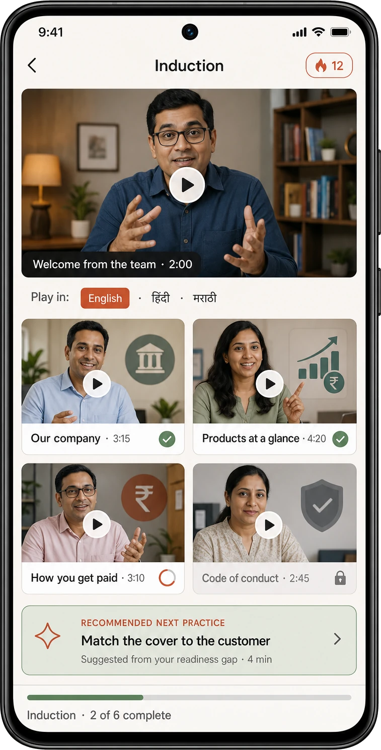 A new advisor's induction screen with a welcome video, a language selector offering English, Hindi and Marathi, a grid of short modules, and a practice card recommended from the advisor's readiness gap.