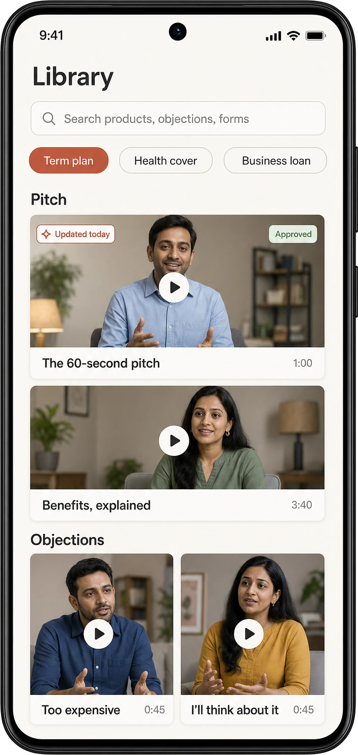 The searchable product library, filtered by product, with approved pitch, benefit and objection videos.