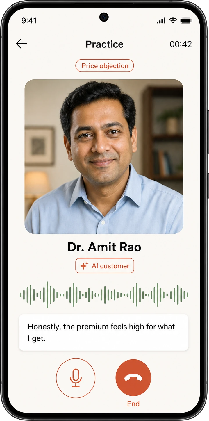 Activate's practice screen: a simulated AI customer raising a price objection out loud, a microphone for the advisor's spoken reply, and a timer on the rehearsal.