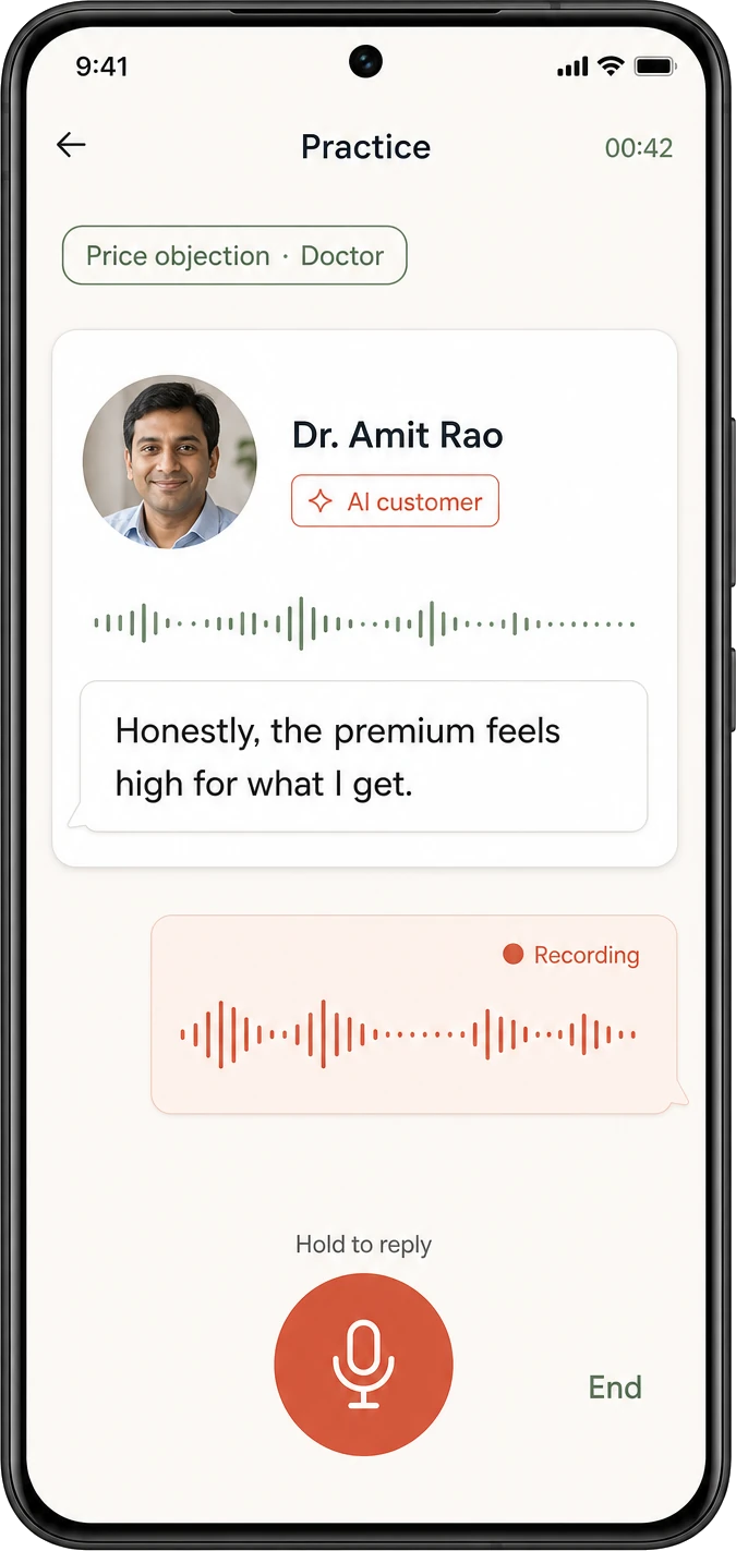 Activate's practice screen: a simulated AI customer raising a price objection, the advisor's spoken reply being recorded, and a timer on the rehearsal.