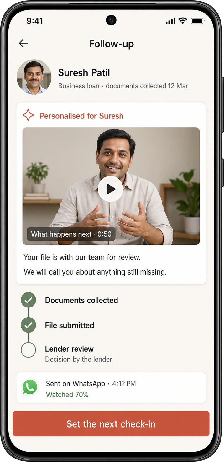 A field officer's phone showing a short personalised video sent to a customer explaining what happens next, assembled from approved lender content, with a progress trail that ends at lender review and no decision shown.