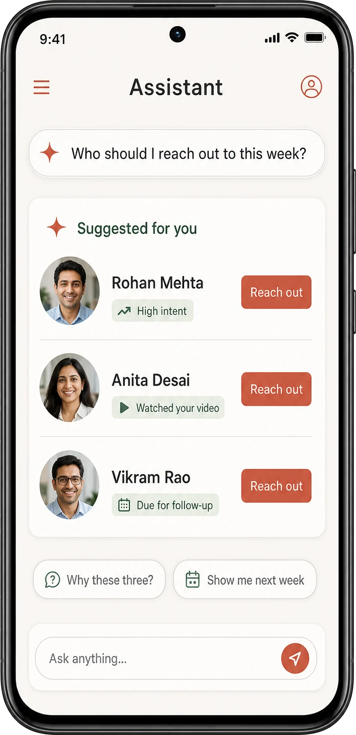 The advisor asks who to reach out to this week; the assistant answers with three prospects, each carrying its reason — high intent, watched your video, due for follow-up.