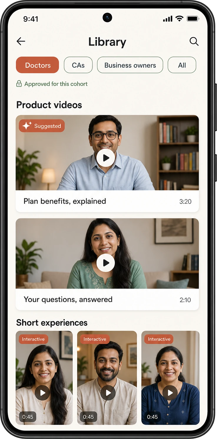 The library filtered to the doctors cohort: approved product explainers alongside short interactive experiences, one of them suggested.