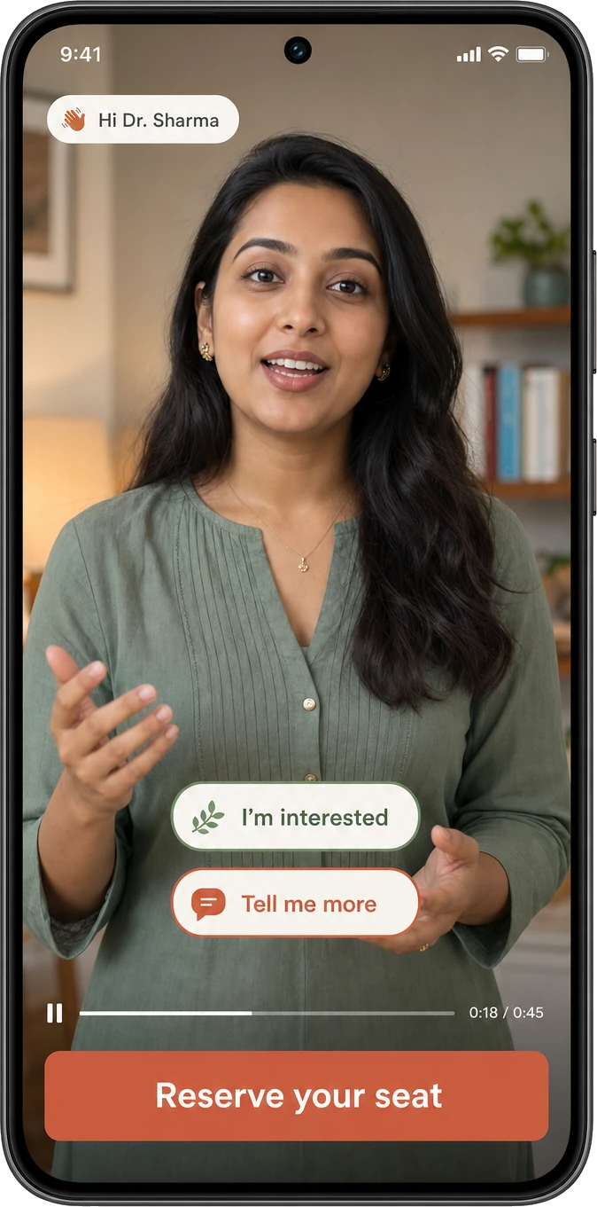 A short interactive experience playing full-screen — a personal greeting, tappable options and a reserve-your-seat call to action inside the video itself.