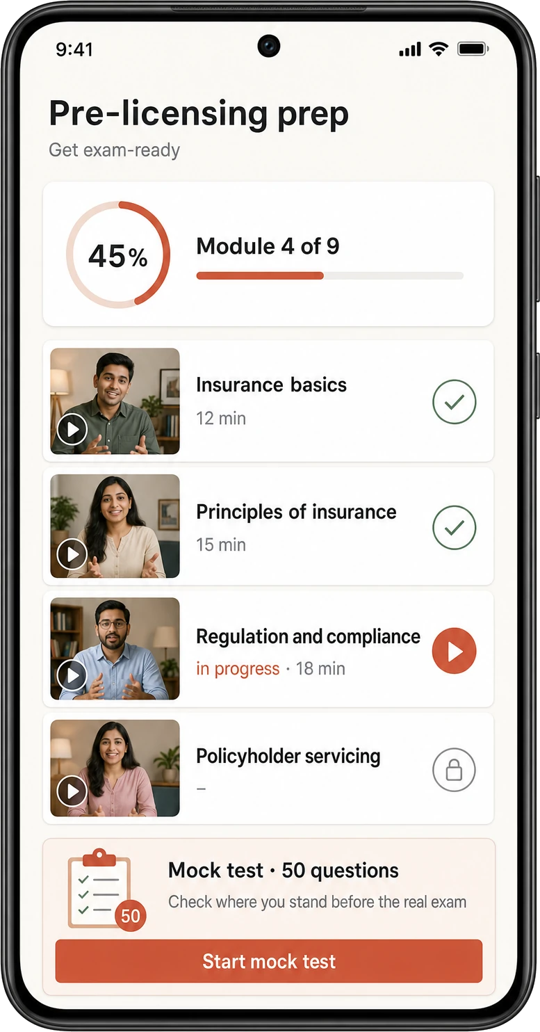 A candidate's pre-licensing prep screen: progress through module four of nine, short video modules for insurance basics, principles, regulation and servicing, and a fifty-question mock test to sit before the real exam.