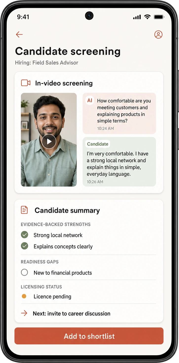 In-video candidate screening: the candidate's recorded answer to the assistant's question, then a summary separating what the recording evidences from where the candidate is not yet ready and where the licence stands, ending in the next step and a shortlist action.