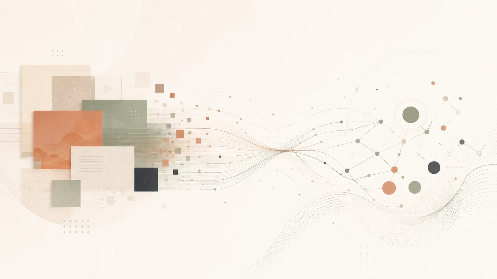 An abstract motif: a cluster of overlapping video and document frames on the left breaking into fine particles, streaming through a narrow waist, and re-forming on the right as a connected graph of nodes — enterprise video becoming structured intelligence.