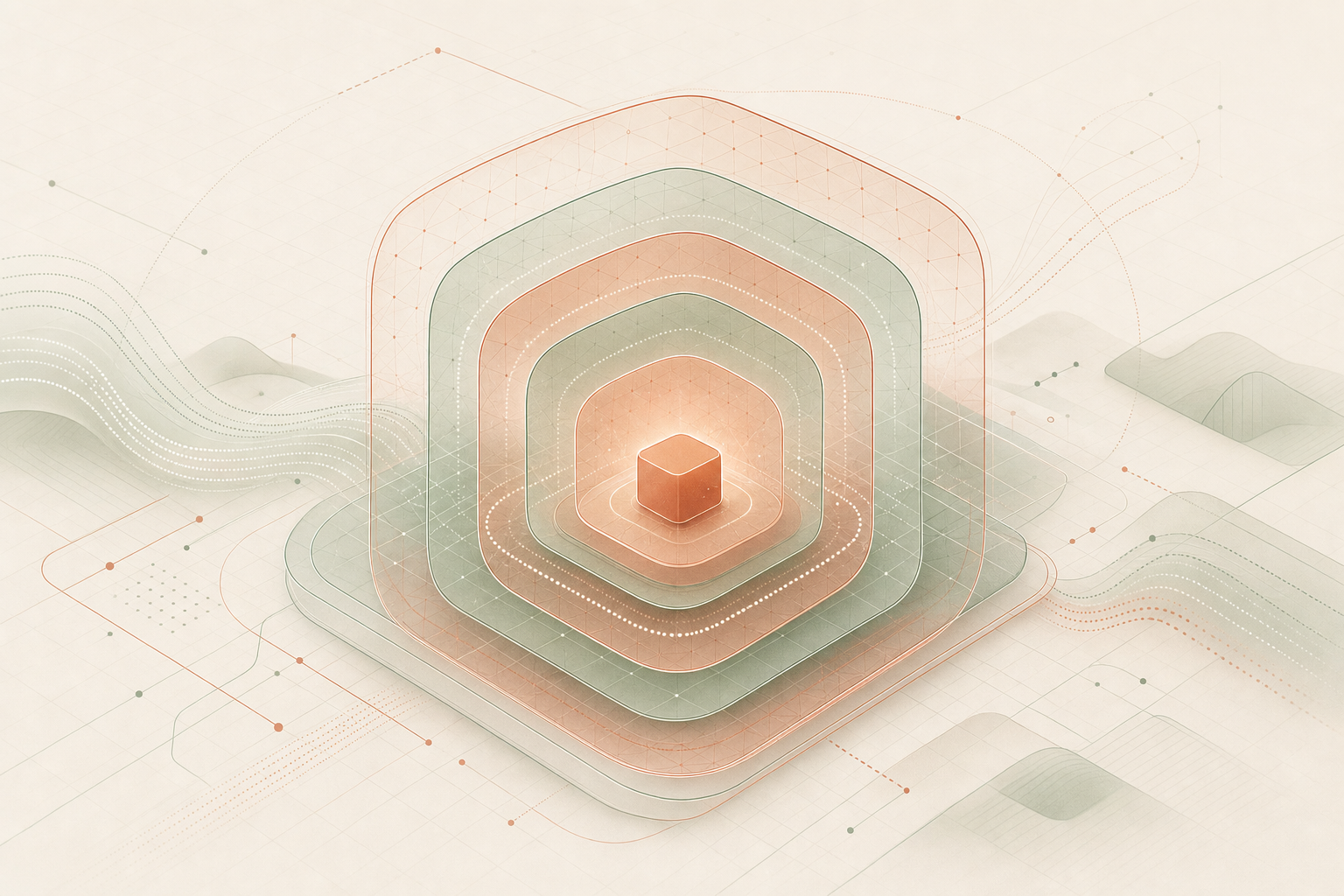 An abstract motif of enterprise security and trust — a glowing protected core wrapped in concentric translucent shield layers and an encrypted-data lattice. Calm and reassuring; no badges or standard names (the text carries those).